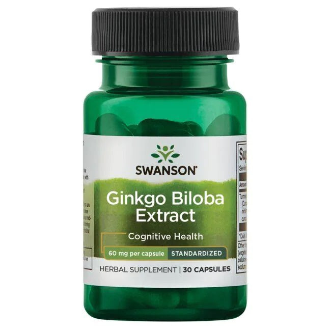 Beholder med Swanson Ginkgo biloba-ekstrakt 60 mg, 30 kapsler