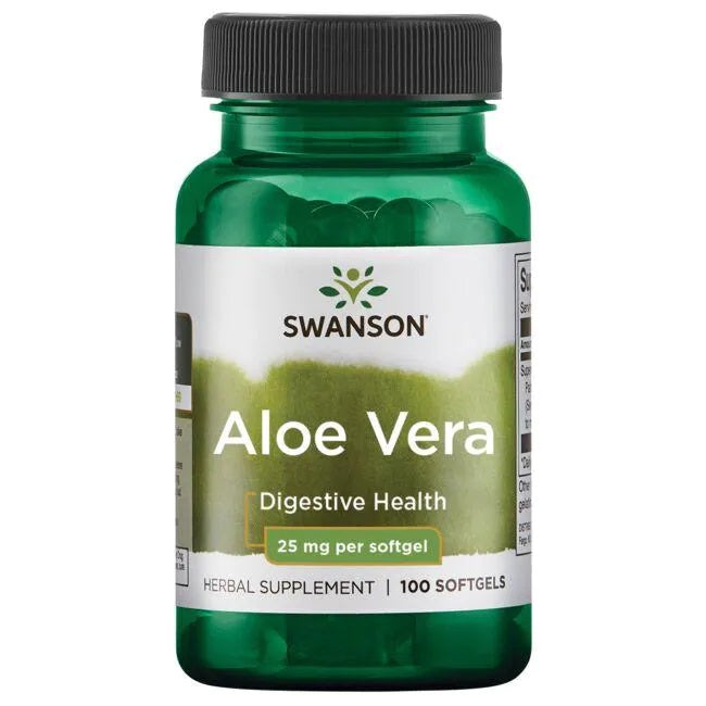 Pakning med Swanson Aloe Vera 25 mg, 100 bløde kapsler