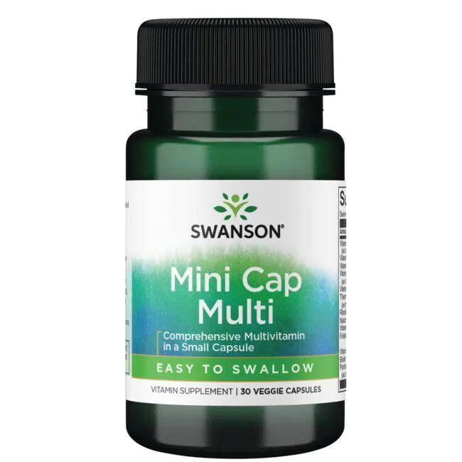 Beholder med Swanson Mini Cap Multi multivitamin, 30 veganske kapsler