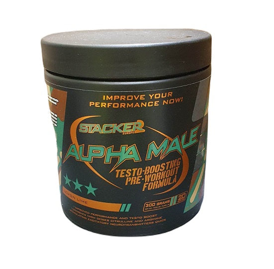 Beholder med Stacker2 Europe Alpha Male pre-workout pulver i Lemon Lime, 300 g