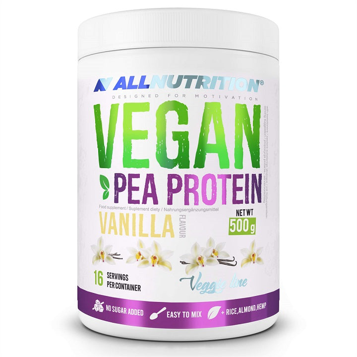 Pakning med Allnutrition vegansk ærteprotein i smagen vanilje, 500 g