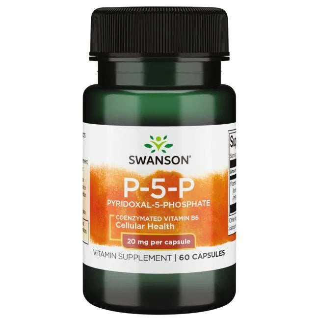 Beholder med Swanson Vitamin B-6 20 mg, 60 kapsler med pyridoxal-5-fosfat