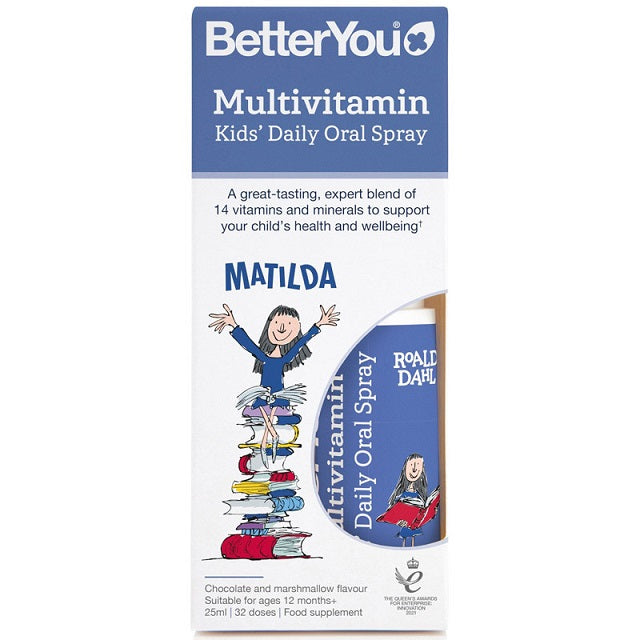 Flaske med BetterYou multivitamin-mundspray til børn, chokolade og skumfidus, 25 ml