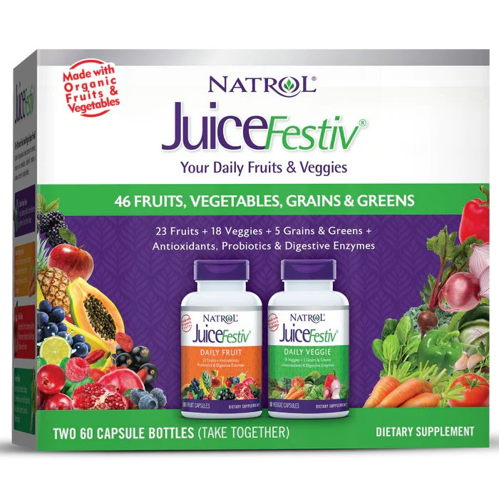 To flasker Natrol JuiceFestiv Daily Fruits & Veggies med 60 + 60 kapsler