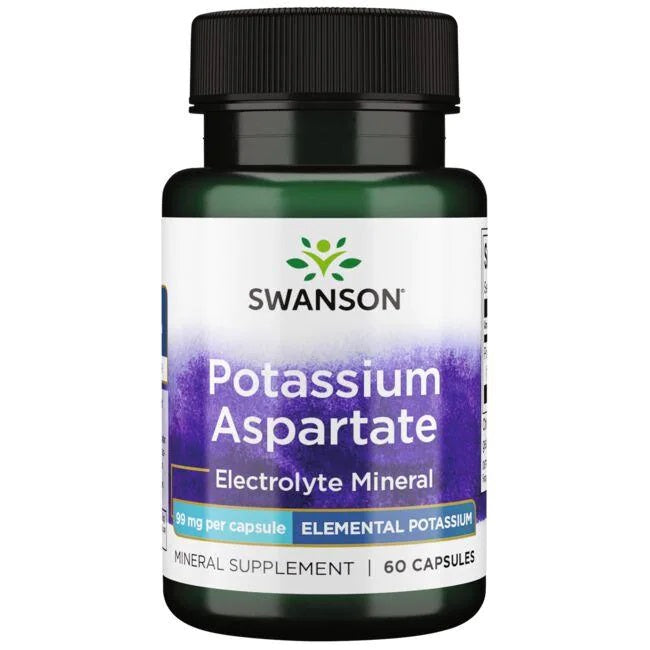 Pakke med Swanson Potassium Aspartate kaliumkapsler, 99 mg, 60 kapsler