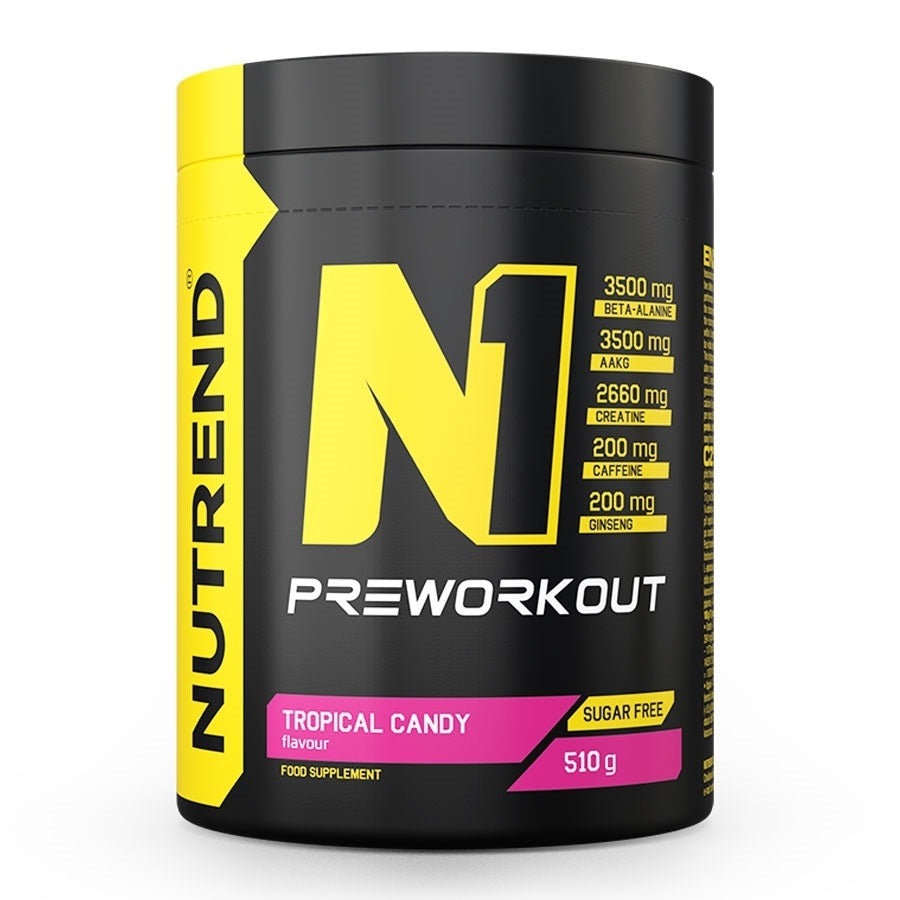 Beholder med Nutrend N1 Pre-Workout pulver i smagen Tropical Candy, 510 g