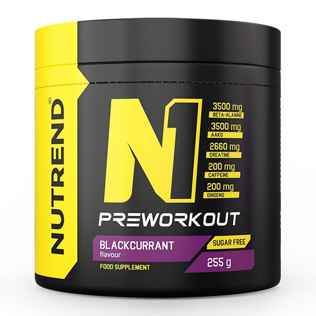 Beholder med Nutrend N1 Pre-Workout pulver i smagen Blackcurrant, 255 g
