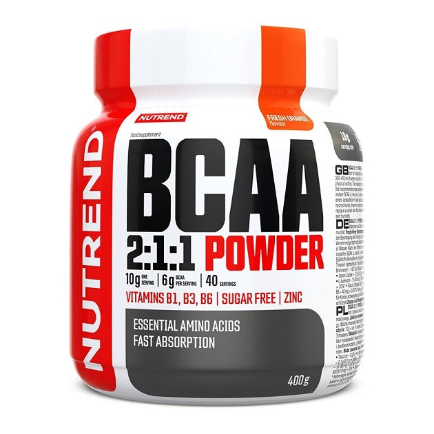 Pakning med Nutrend BCAA 2:1:1 pulver i smagen Fresh Orange, 400 g