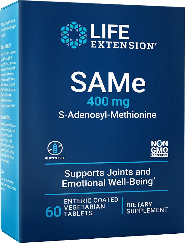 Pakning med Life Extension SAMe 400 mg, 60 tabletter med mavebeskyttende overtræk