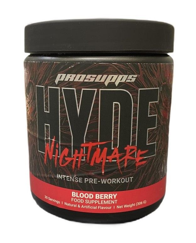 Beholder med ProSupps Hyde Nightmare pre-workout pulver, smag Blood Berry, 306 g