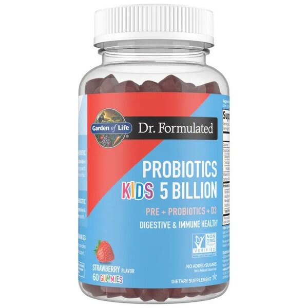 Glas med Garden of Life Dr. Formulated Probiotics Kids gummibonbons med jordbærsmag