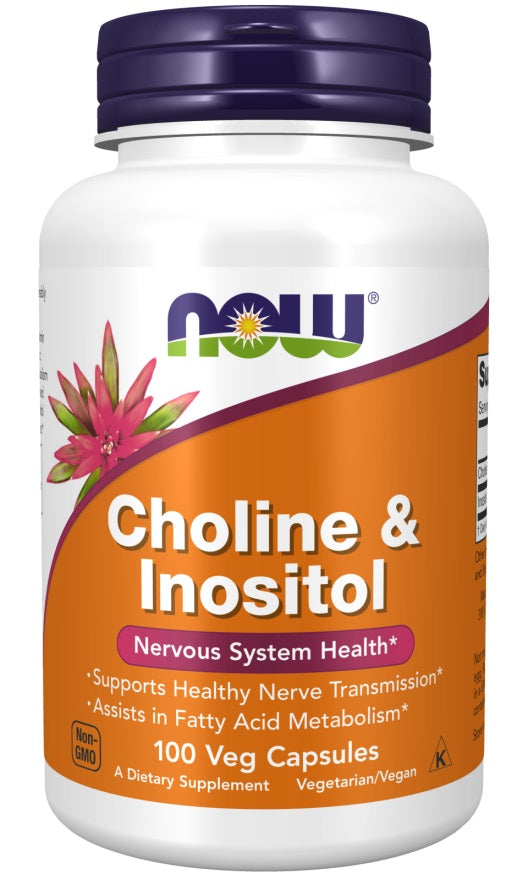 Beholder med NOW Foods Cholin og Inositol 500 mg vegetariske kapsler