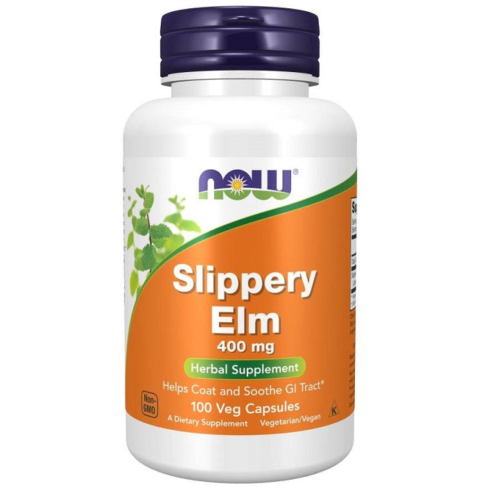 Glas med NOW Foods Glat elm 400 mg, 100 vegetariske kapsler