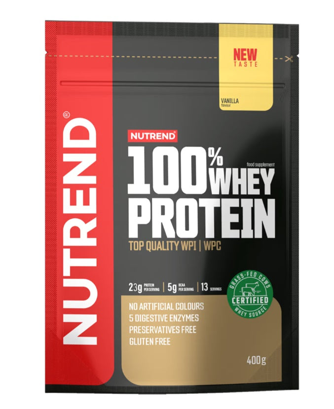 Pakke med Nutrend 100% Whey Protein, vaniljesmag, 400 g pulver