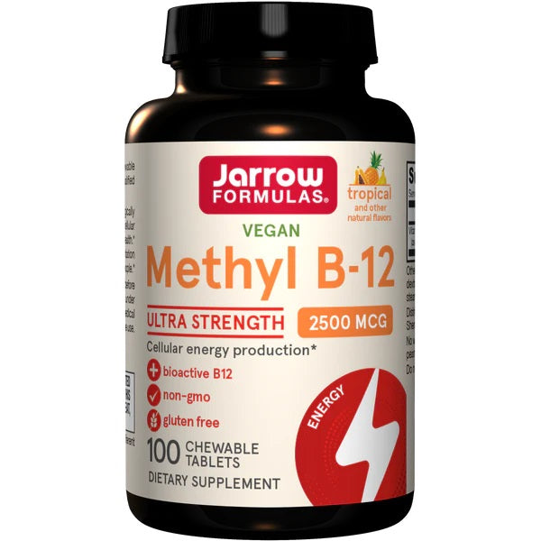 Glas med Jarrow Formulas Methyl B-12 2500 mcg, 100 veganske tyggetabletter med tropisk smag