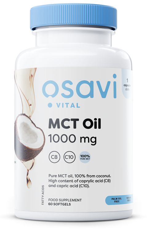 Beholder med Osavi MCT Oil 1000 mg, 60 bløde kapsler