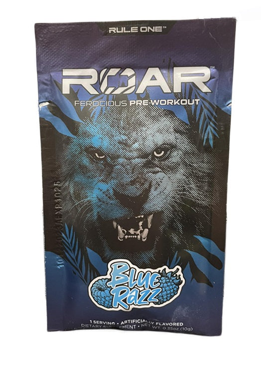 Rule One Roar pre-workout i smagen Blue Razz, 10 g engangsportionspose