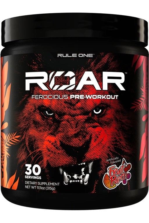 Beholder med Rule One Roar pre-workout pulver i smagen Fruit Punch, 315 g