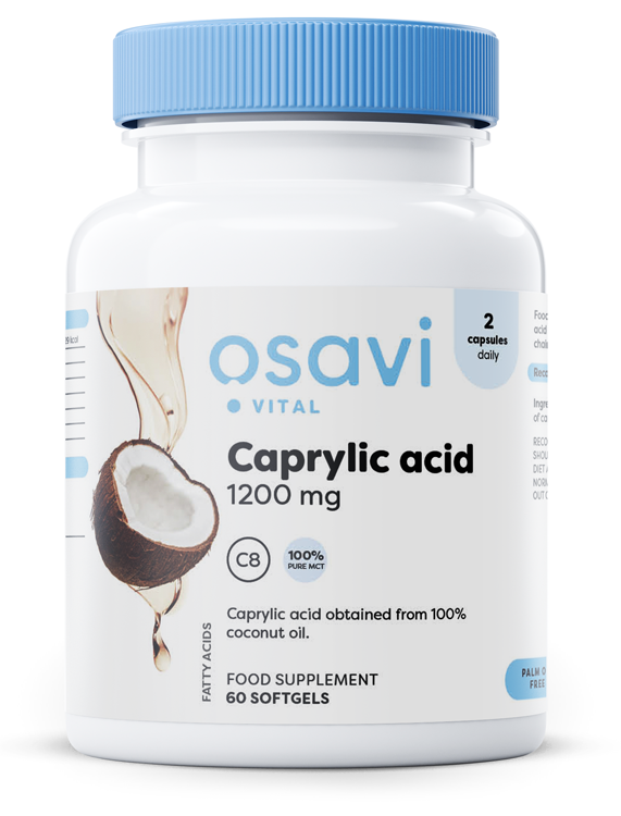 Beholder med Osavi MCT-olie Caprylsyre 1200 mg, 60 bløde kapsler