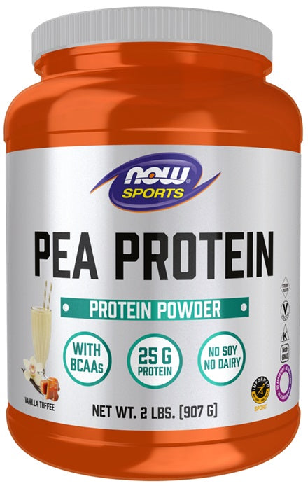Dåse med NOW Foods ærteprotein i smagen vanilje-karamel, 907 g