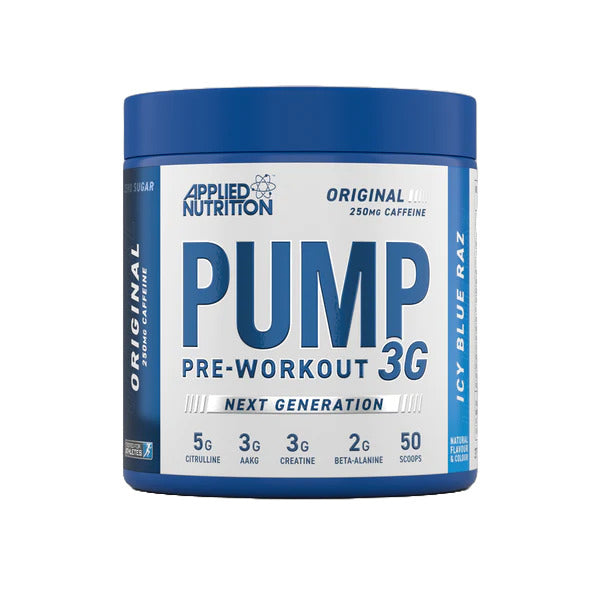 Applied Nutrition Pump 3G Pre-Workout med koffein, Icy Blue Raz, 375 g beholder