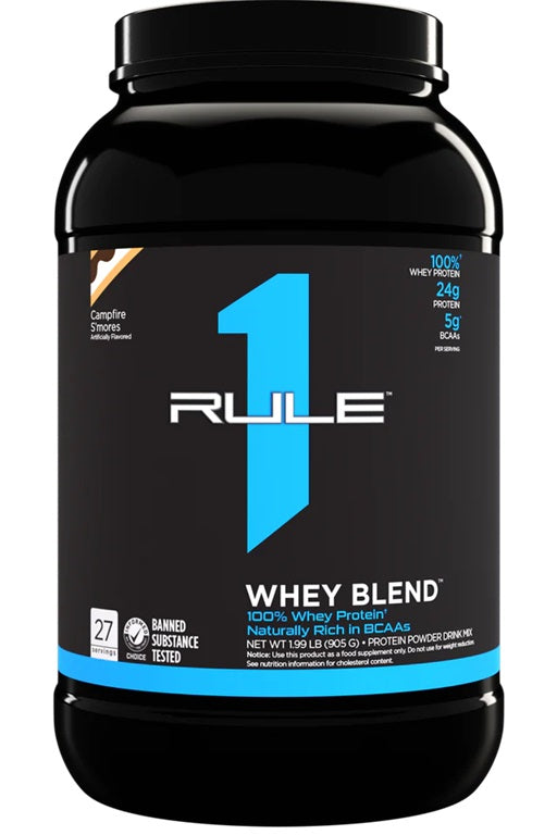 Dåse med Rule One R1 Whey Blend valleproteinpulver, smag Campfire S'mores, 905 g
