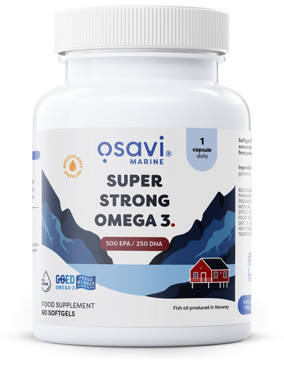 Pakning med Osavi Super Strong Omega 3 fiskeolie, 60 bløde kapsler