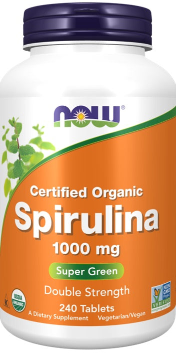 Pakke med NOW Foods Spirulina 1000 mg, 240 tabletter