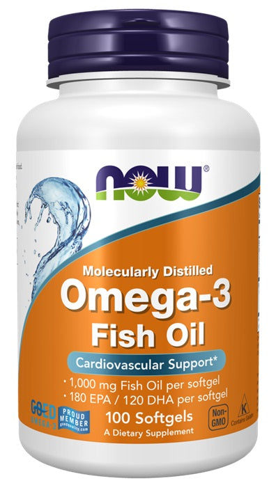 Pakning med NOW Foods omega-3-fiskeolie, molekylært destilleret, 100 bløde kapsler