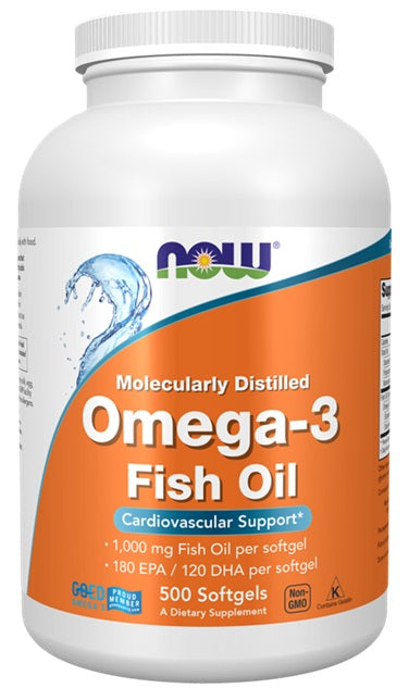 Beholder med NOW Foods omega-3-fiskeolie, molekylært destilleret, 500 bløde kapsler