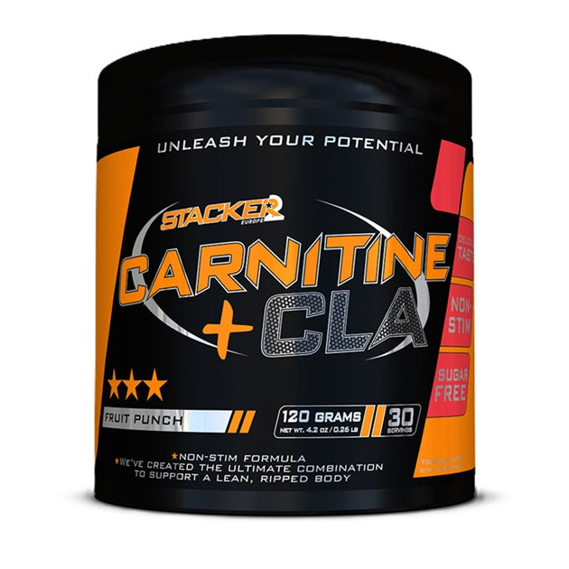Stacker2 Europe Carnitine + CLA pulver i smagen Fruit Punch, beholder med 120 g