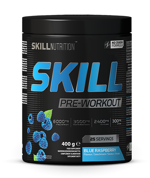 Dåse med Skill Nutrition Pre-Workout pulver i smagen Blue Raspberry, 400 g