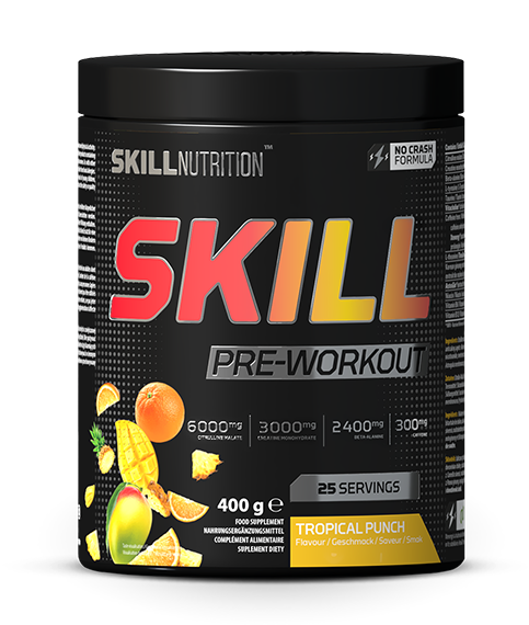 Dåse med Skill Nutrition Pre-Workout pulver i smagen Tropical Punch, 400 g