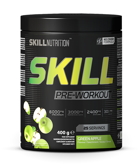 Skill Nutrition Pre-Workout pulver i dåse, smag Green Apple, 400 g