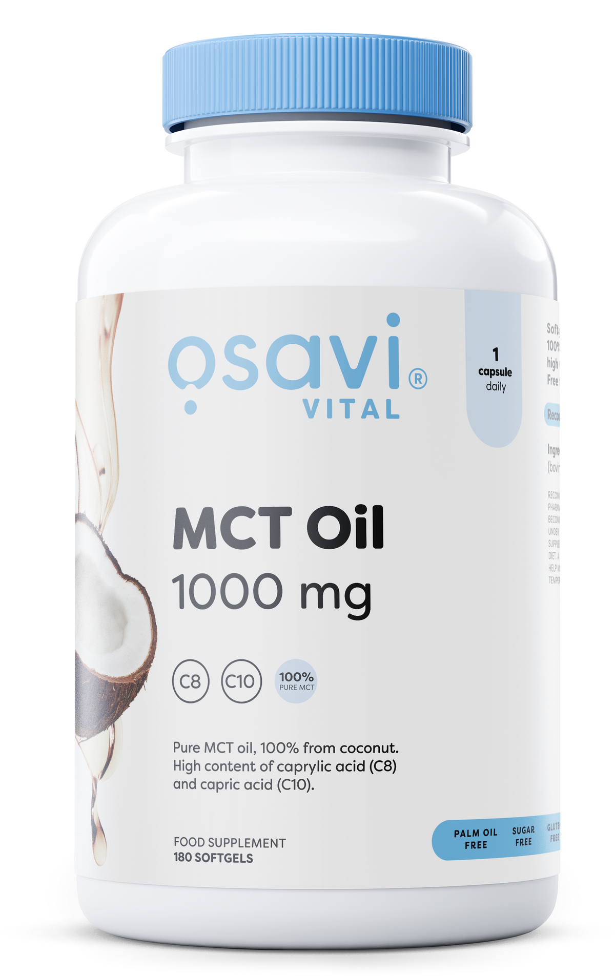 Pakning med Osavi MCT-olie, 1000 mg, 180 bløde softgel-kapsler