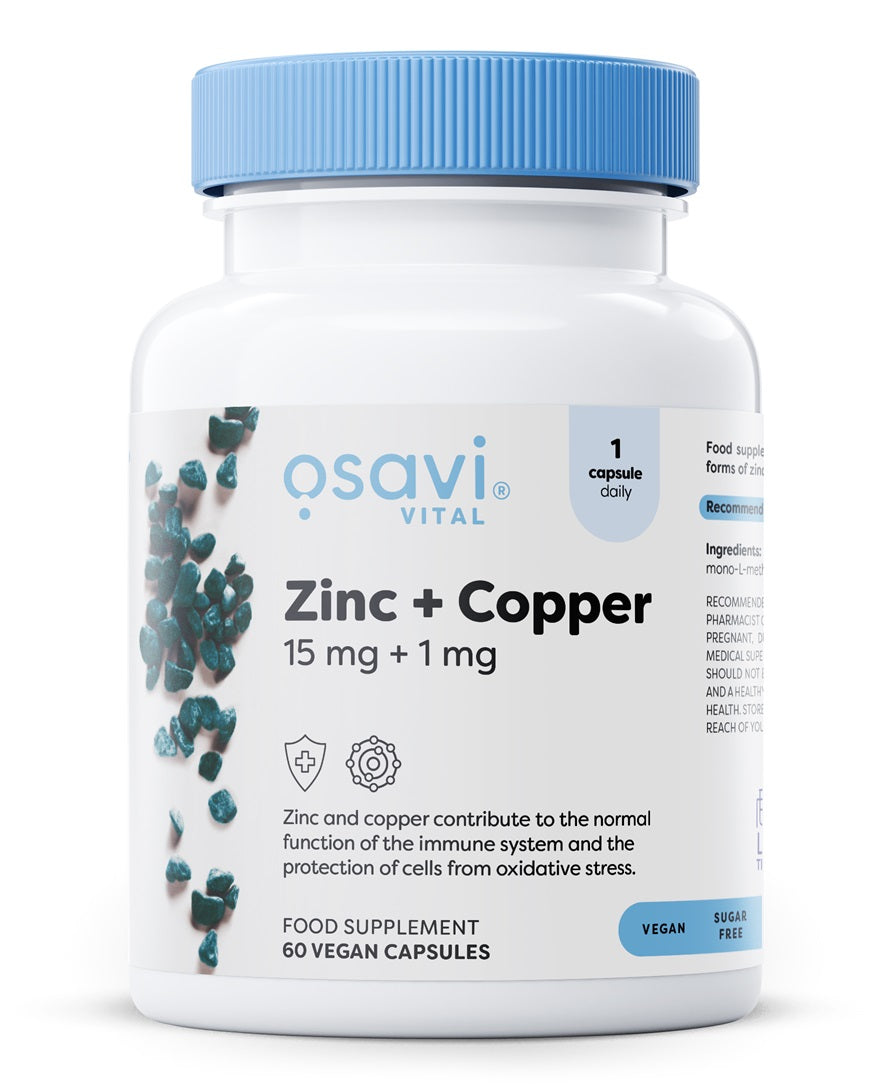 Pakke med Osavi Zink + kobber, 15 mg + 1 mg, 60 veganske kapsler