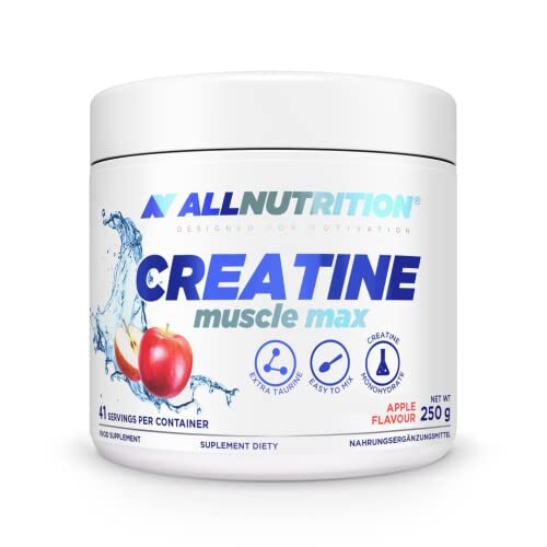 Pakning med Allnutrition Creatine Muscle Max kreatinmonohydrat, æble, 250 g