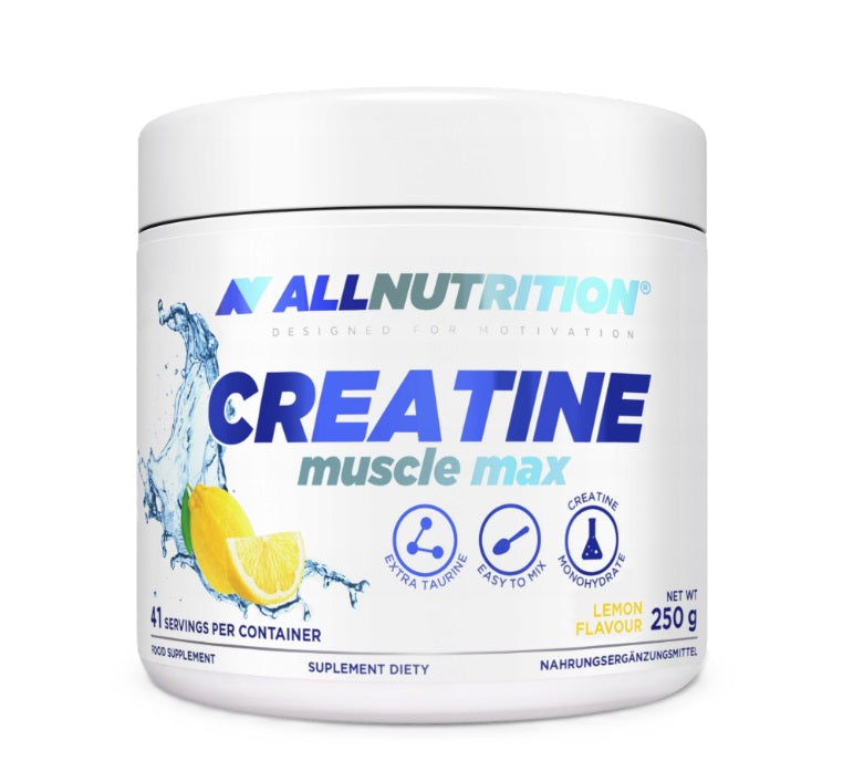 Pakning med Allnutrition Creatine Muscle Max kreatinmonohydrat med citronsmag, 250 g