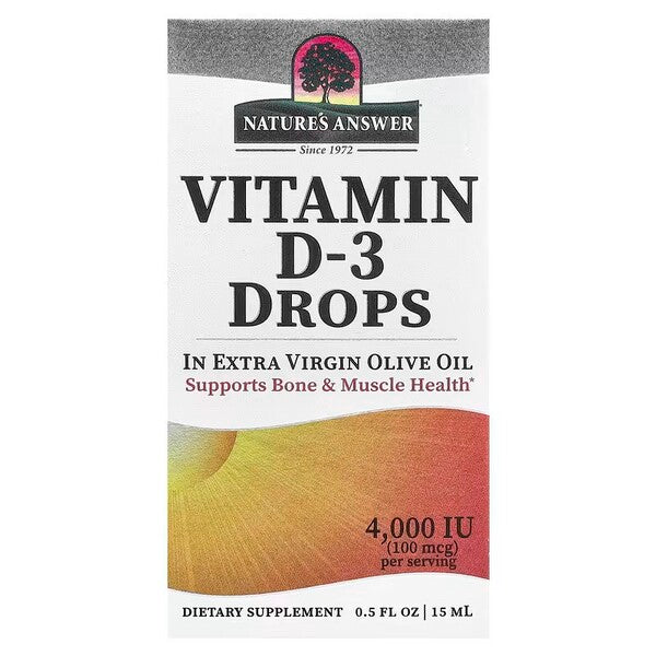 Flaske med Nature's Answer Vitamin D-3 Drops, 4000 IU, 15 ml