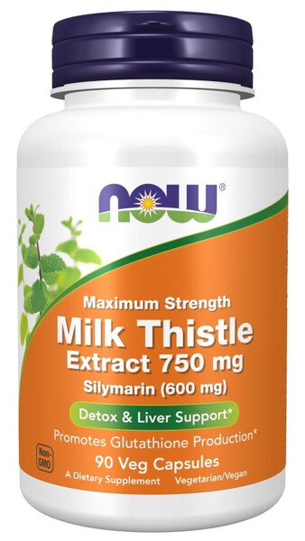 Pakke med NOW Foods marietidselekstrakt 750 mg, 90 vegetabilske kapsler