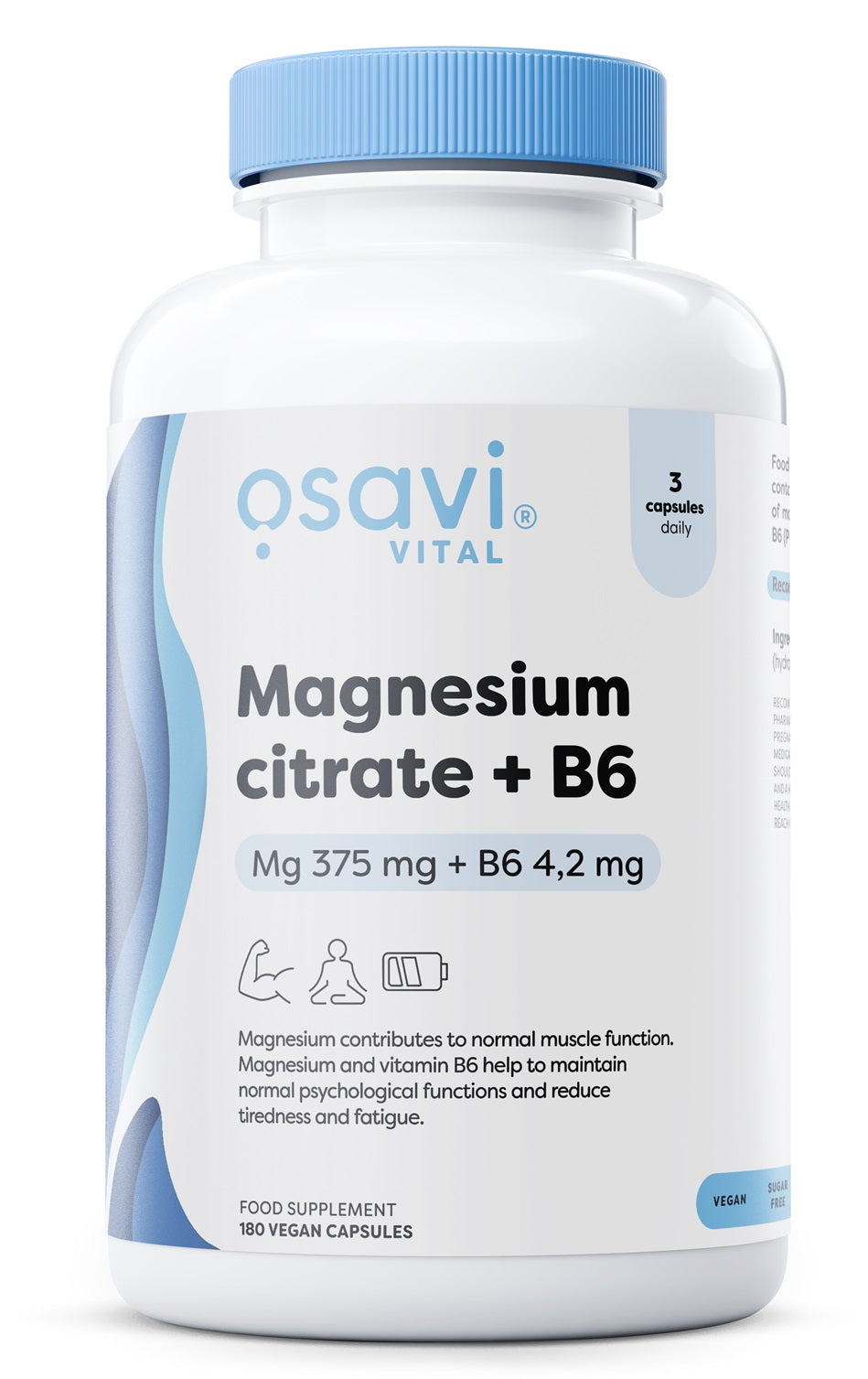 Pakning med Osavi magnesiumcitrat og B6, 375 mg + 4,2 mg, 180 kapsler