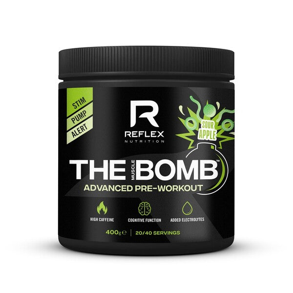 Dåse med Reflex Nutrition The Muscle Bomb pre-workout pulver i smagen Sour Apple, 400 g