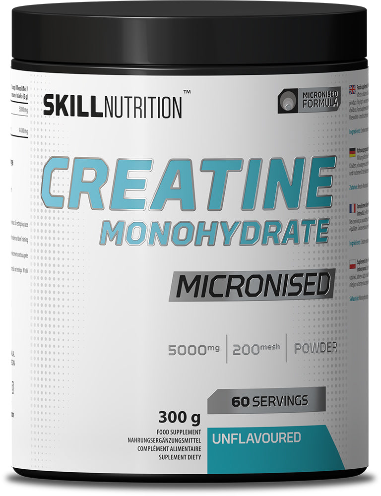 Dåse med Skill Nutrition Micronised Creatine Monohydrate, uden smag, 300 g
