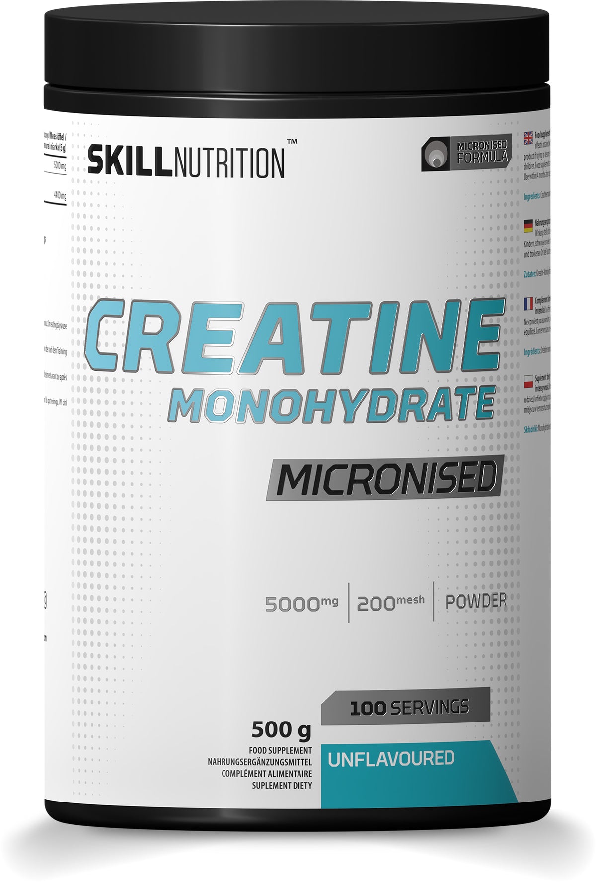 Pakning med Skill Nutrition Micronised Creatine Monohydrate uden smag, 500 g