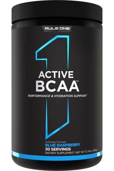 Rule One Active BCAA i smagen Blue Raspberry, beholder med 390 g pulver