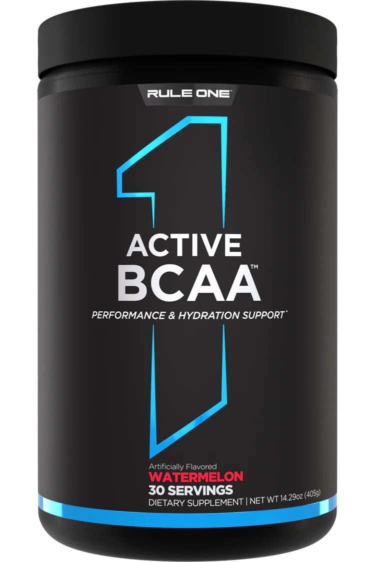 Beholder med Rule One Active BCAA pulver i smagen Watermelon, 405 g