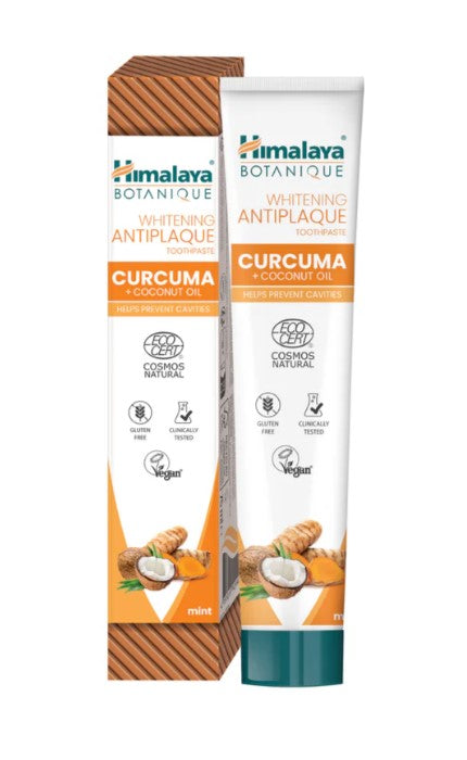 Tube med Himalaya tandpasta med gurkemeje og kokosolie, mynte, 75 ml