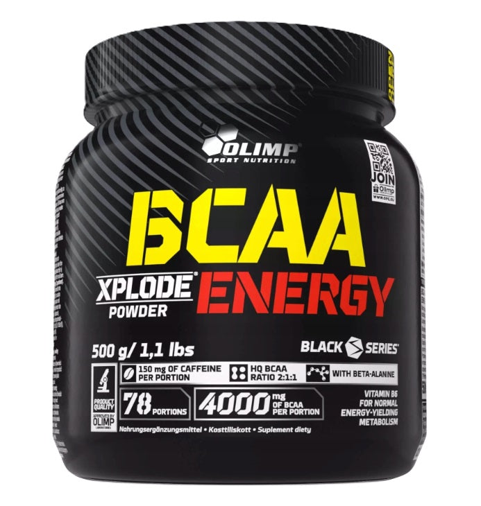 Dåse med Olimp Nutrition BCAA Xplode Energy pulver i smagen Fruit Punch, 500 g