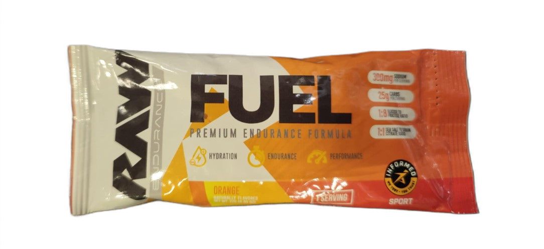 Stick pack med Raw Nutrition Raw Fuel elektrolytpulver i smagen Orange, 27 g