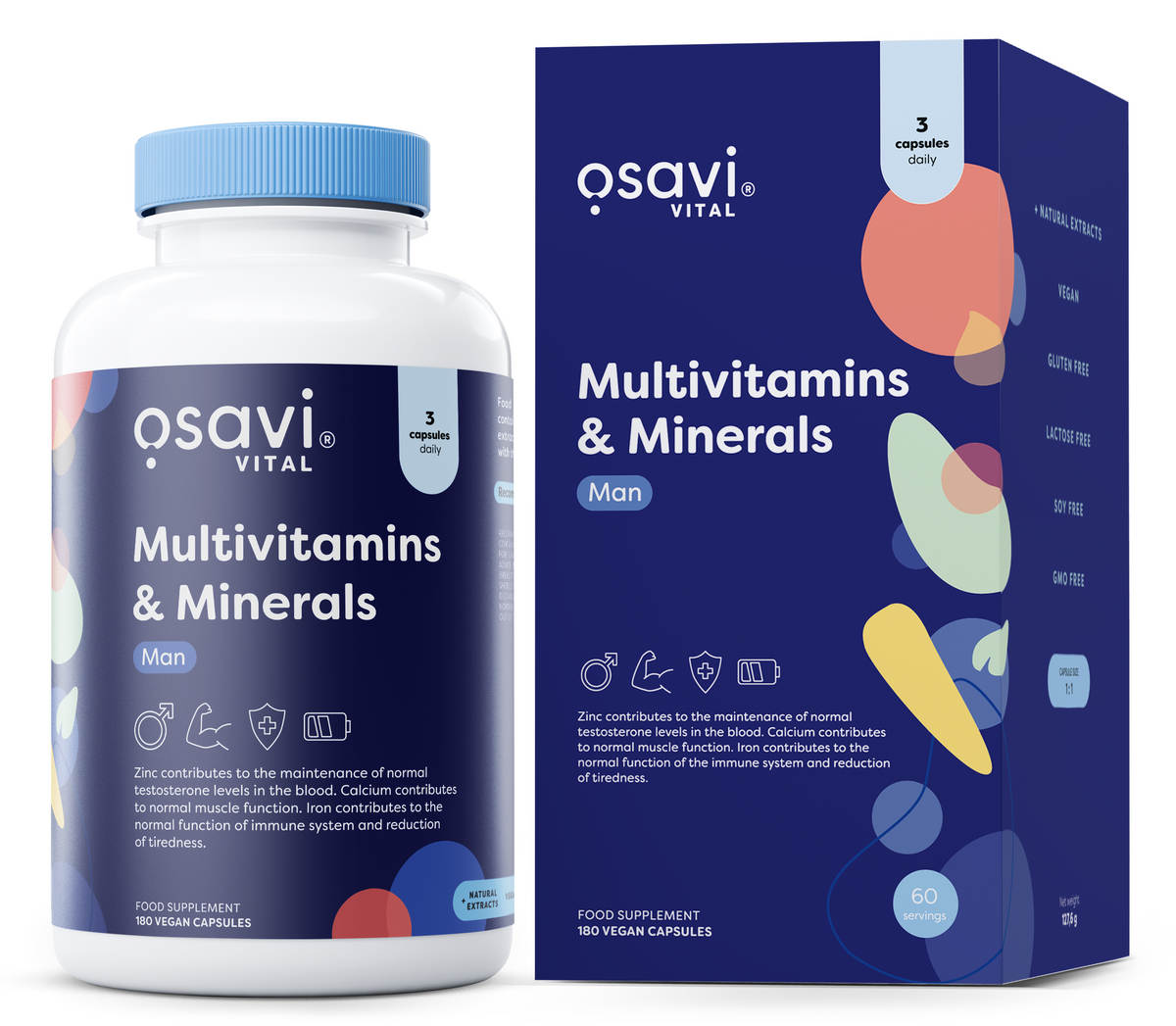 Glas med Osavi Multivitamins & Minerals Man, 180 vegankapsler til mænd